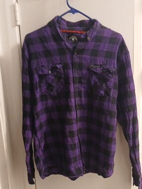 Death Wish Coffee Purple and Black Plaid Button-Down Shirt Large Long Sleeve